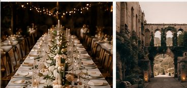 Elegant wedding dinner table with candles and flowers