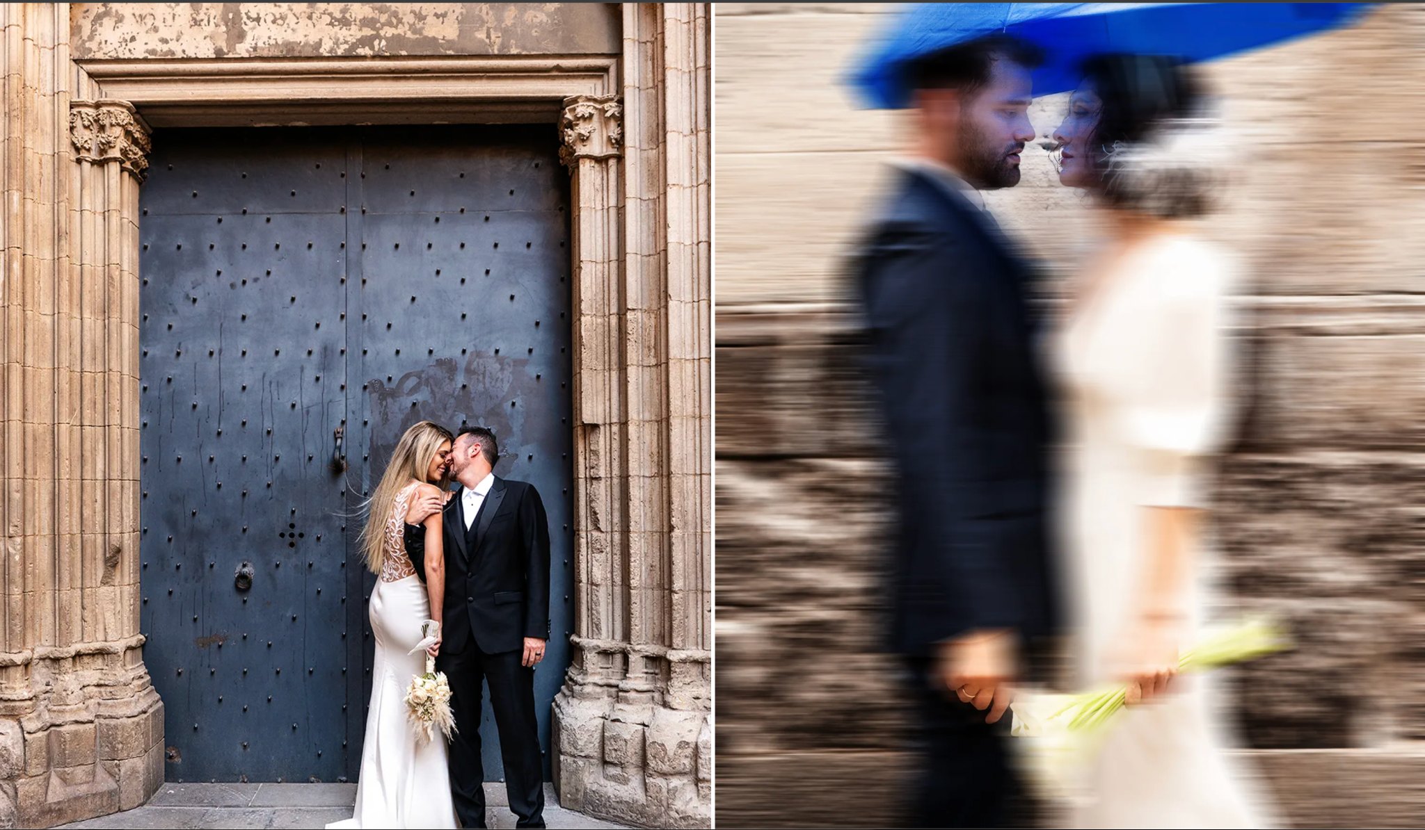 Barcelona wedding couple in front of historic architecture