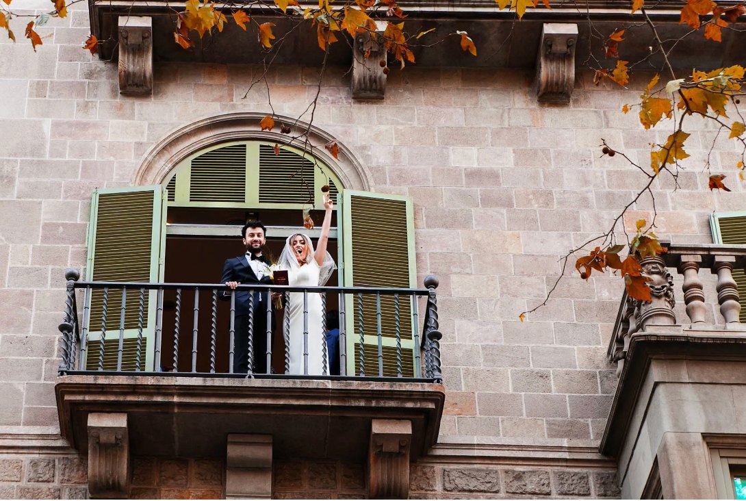Wedding balcony celebration in Barcelona